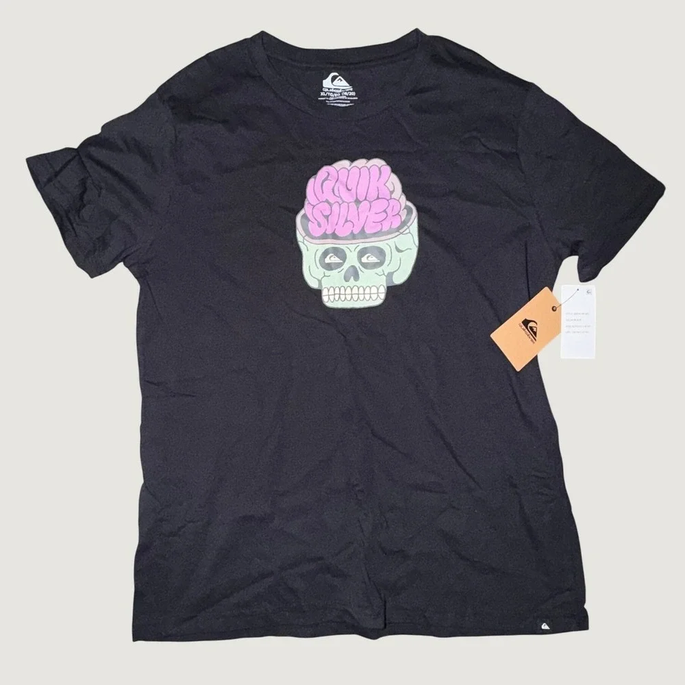 Quiksilver Boys XL 18/20 Black Skull Brain Graphic T-Shirt Short Sleeve Cotton
